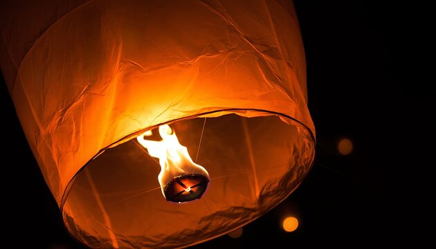 A glowing paper lantern rises through the dark night sky during a traditional festival celebration representing hope and positive energy as it floats towards the stars for a special spiritual