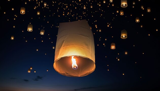 Many glowing paper lanterns ascend into the dark night sky during a traditional festival celebration creating a beautiful display of light and hope for all people watching the luminous event