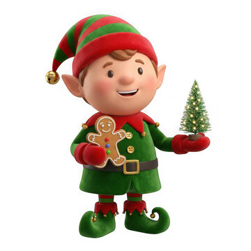 3d illustration of a cute christmas elf holding a gingerbread man and a small fir tree isolated on transparent background