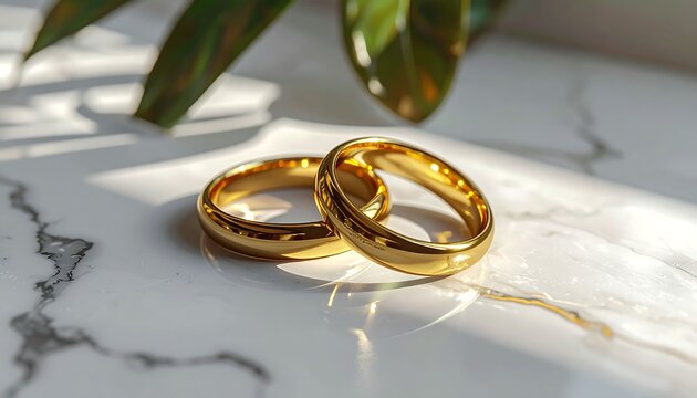 A pair of shimmering golden bands rest gently upon a polished marble surface reflecting natural sunlight to celebrate an everlasting union of love between two people during a beautiful marriage