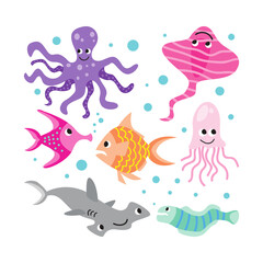 Fototapeta premium Marine animals mascot design. Cute marine animals illustration set.
