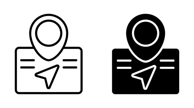 Navigation map pin with cursor icon on a screen indicating location tracking and direction for travel and journey planning on digital device.
