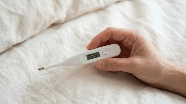 Person holding a digital thermometer to check body temperature while lying in bed