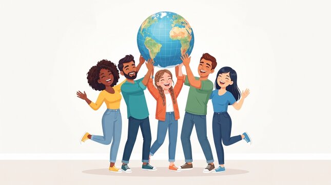 Multiracial youth holding world globe together for International Youth Day celebration