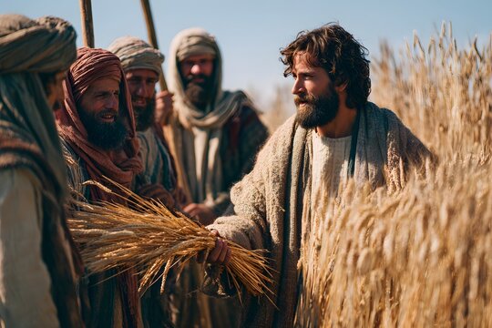Jesus teaching disciples in a wheat field holding wheat sheaf biblical harvest scene