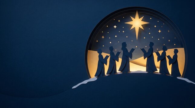 Christmas choir caroler star night blue silhouette paper gold singing nativity holy song hymn bethlehem festive holiday praise worship church christian religious concert music background