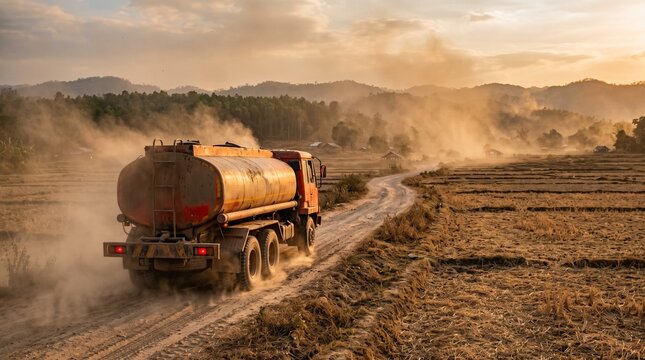Water Tanker Truck Transporting Water to Drought Stricken Farm Fields Depicting Supply Chain Disruption