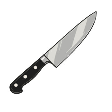 A digital illustration of a sharp chef's knife featuring a metallic gray steel blade with a bold black outline and an ergonomic black handle with three white rivets. Clean cel-shaded carto