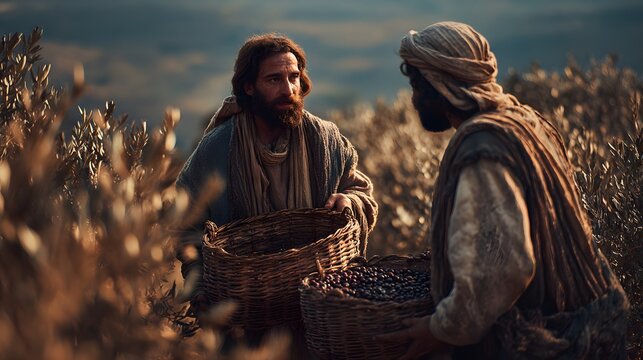 Jesus christ gathering olives in a basket with a disciple in an olive grove during ancient biblical times