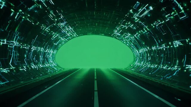 Abstract digital tunnel with green light at end moving forward through futuristic network pathways