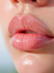 Fototapeta premium Macro Beauty Shot Highlighting Coral Pink Glossy Lips and Dewy Skin