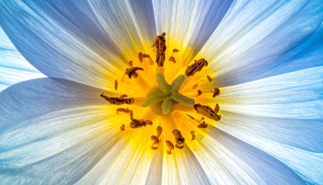A vibrant blue flower center featuring soft petals and glowing yellow stamens radiating from the core showcasing the intricate textures of natural plant life for botanical study and floral