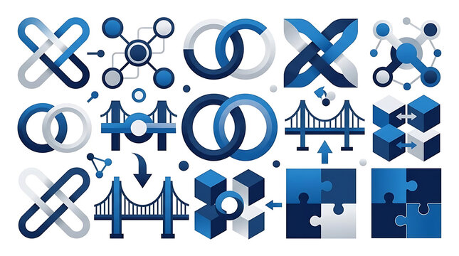 Abstract blue business icons set, corporate logo symbols and geometric infographic elements, modern connectivity and data visualization graphics