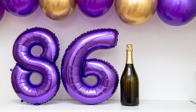 Number 86 Balloon with Champagne Bottle. Purple and Gold Theme for Birthday or Anniversary Celebration