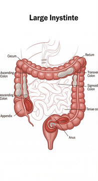 Anatomical illustration of the human large intestine, showing its various parts including the cecum, ascending colon, transverse colon, descending colon, sigmoid colon, rectum, and anus.