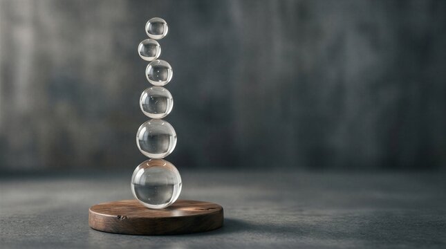 Transparent glass spheres stacked in a delicate vertical balance on a wooden base