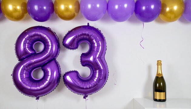 Number 83 Balloon with Champagne Bottle. Purple and Gold Theme for Birthday or Anniversary Celebration