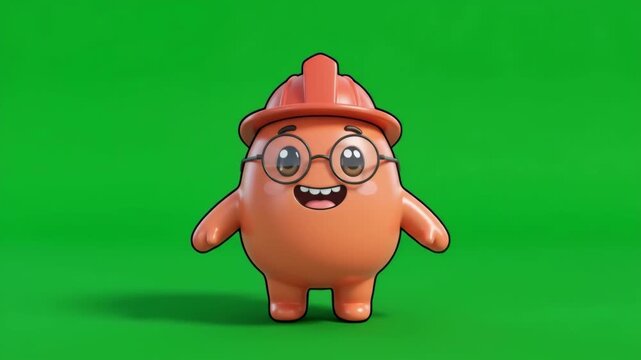 Cute cartoon character with safety helmet and glasses on green screen background.
