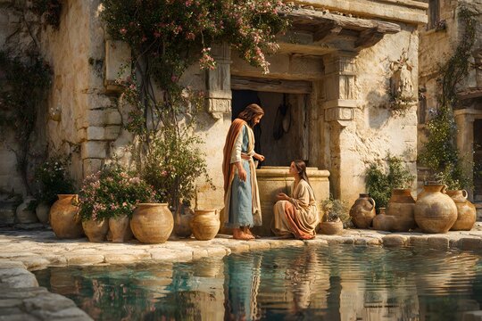 Jesus and the woman at the well in a serene ancient village setting