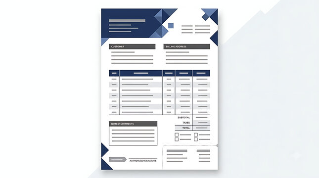 Modern business invoice template, professional navy blue billing document, corporate financial receipt with geometric design elements