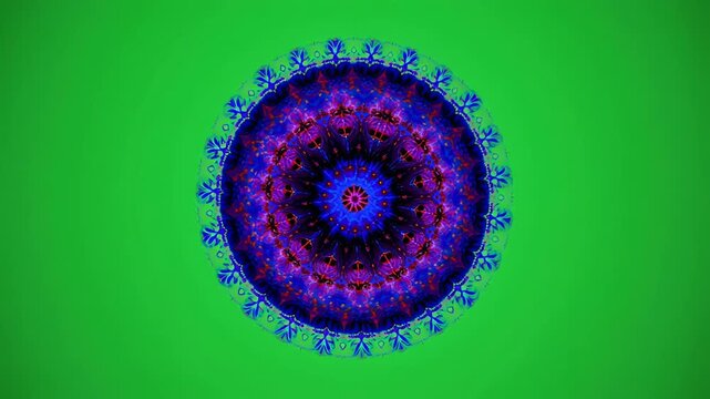 Abstract mandala bloom with vibrant colors in a symmetrical pattern during a slow zoom out