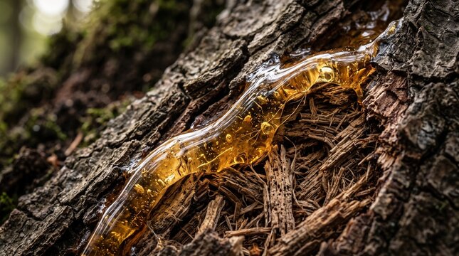Golden tree resin flowing smoothly over textured dark tree bark macro