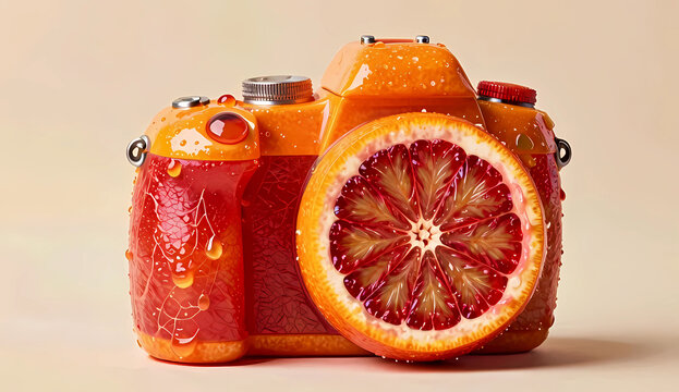 Surreal food concept of a professional dslr camera styled from a juicy Sicilian blood orange with a detailed sliced citrus fruit lens. Creative organic art for photo blogs, posters and social media.