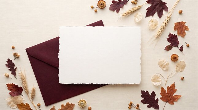Autumn-themed wedding invitation card with deckle edge and burgundy envelope Thanksgiving