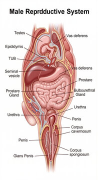 Anatomical illustration of the male reproductive system, showing internal organs and structures with labels.