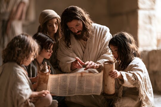 Jesus christ teaching children from an ancient scroll in a historical setting, sharing wisdom and scripture
