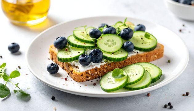 A wholesome snack consisting of toasted whole grain bread topped with creamy spread fresh cucumber slices and ripe organic blueberries served on a round plate for a nutritious morning breakfast