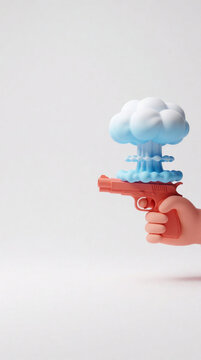 3D minimal rendering of a toy gun shooting a blue mushroom cloud on a bright background, concept of creative power