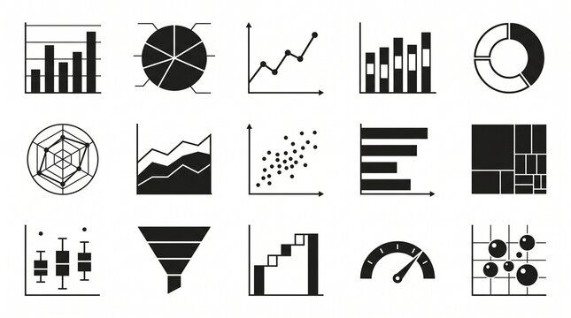 Fifteen minimalist black‑and‑white chart icons showing varied data visualization styles, symbolizing analytics, structure, and clarity in modern design.
