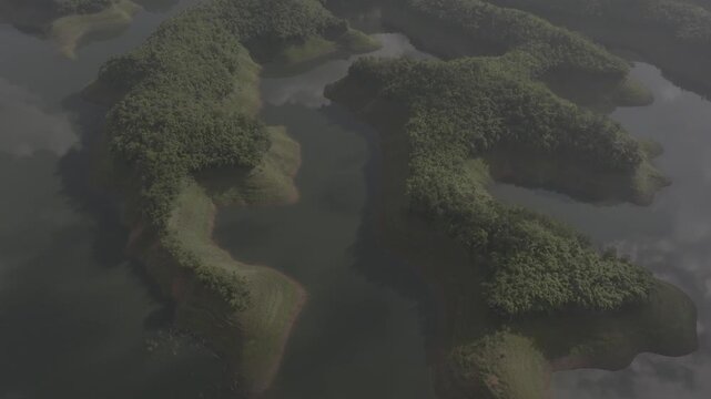 Cinematic aerial shot of scenic island landscape over Ta Dung Lake in Ta Dung Commune, Dak Glong, Dak Nong, Lam Dong Province, Vietnam. D log mode