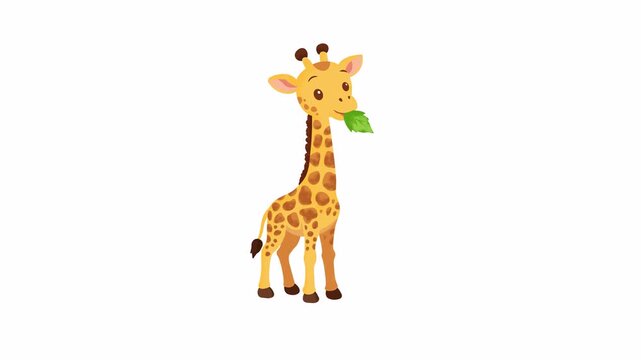 Cute Watercolor Cartoon Baby Giraffe Eating Leaf Animation on White Background