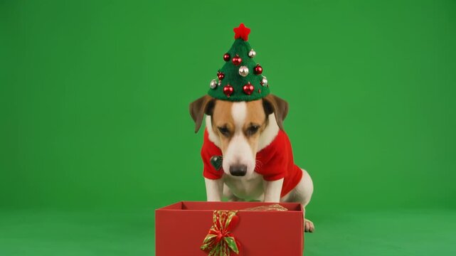 Cute dog wearing Christmas hat sits on gift box against green screen