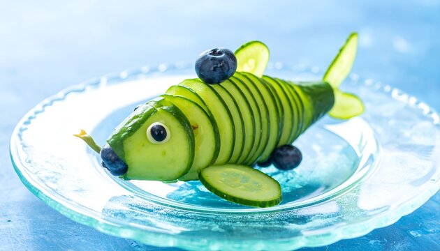 Creative fish shape snack made from fresh sliced cucumber and round blueberries served on a glass plate for children healthy breakfast or lunch meal preparation ideas for parents and young