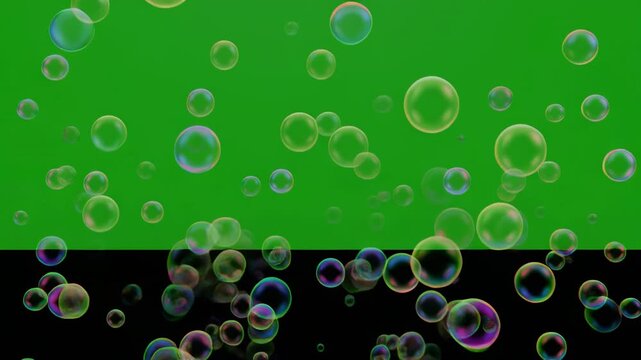 Bubbles rising in motion against a green screen backdrop with black bands for compositing