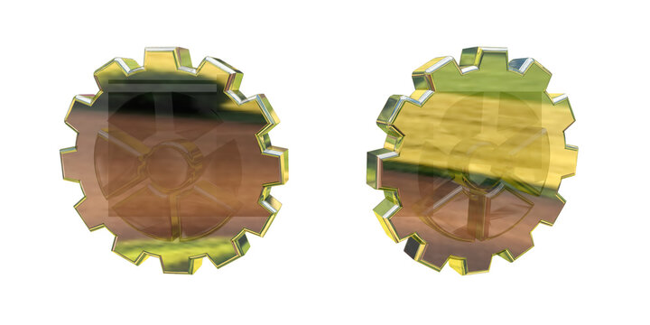 Settings gear icon cog in wheel technology metallic of gold reflection progress engine setup control industry mechanical 3d