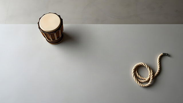 Painted djembe drum and coiled cotton rope on matte worktable, craft preparation and creativity concept