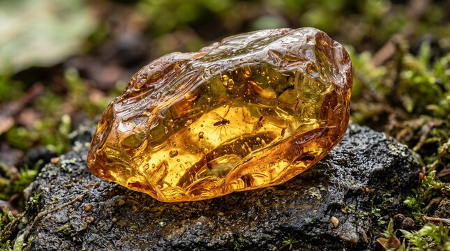 Natural amber resin crystal with trapped fossilized insect on wet stone macro