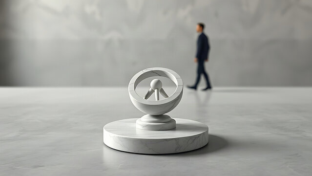 Marble sundial sculpture with blurred human silhouette, timeless calm and quiet space concept