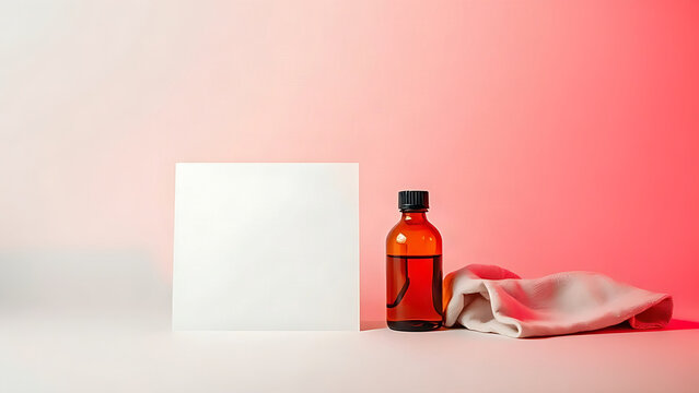 Black-and-white photographic print with amber bottle and darkroom cloth, meditation and analog art concept