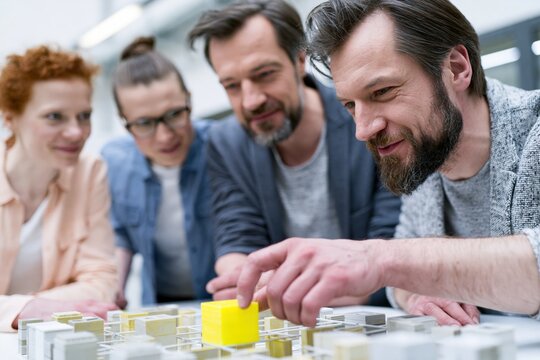 Innovation facilitator placing yellow prototype block in modular design as team observes