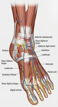 Anatomical illustration of the muscles, tendons, arteries, and nerves of the human foot, highlighting key structures like the plantar arch and digital arteries.