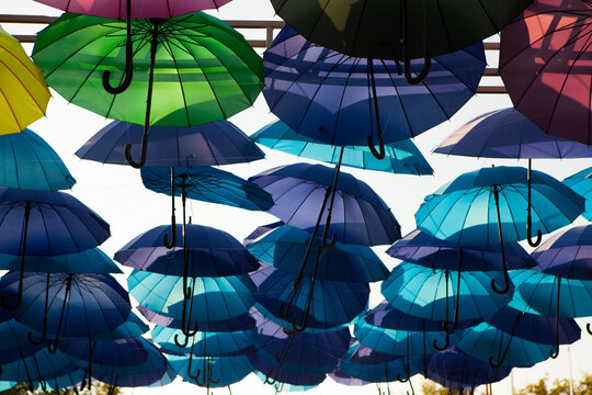 Blue umbrellas hang in dense rows above an outdoor space, vibrant decorative installation, creative summer festival background.