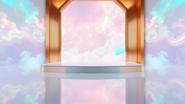 Abstract stage design. Clouds fill background, framing pedestal. Metallic arch provides focal point. Soft lighting creates dreamy atmosphere.