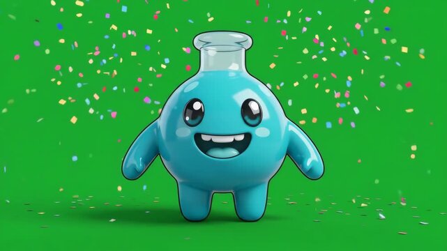 Cute blue cartoon laboratory flask character on a green screen with confetti falling, representing science and fun.