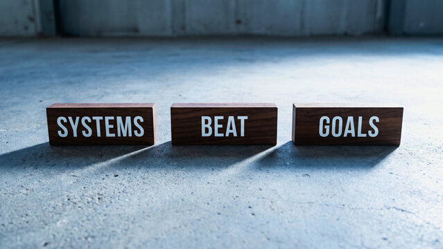 Wooden blocks spelling Systems Beat Goals on grey concrete dramatic side light wide, systems thinking over goal setting