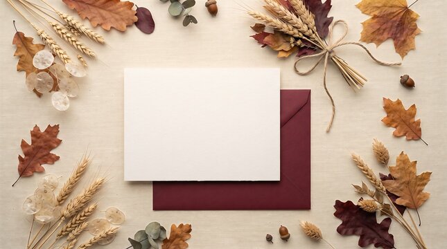 Autumn-themed invitation card with blank white card and red envelope surrounded by fall leaves Thanksgiving